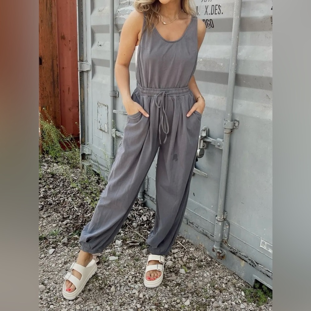 Listicle Charcoal Grey Open Back Jogger Drawstring Jumper Jumpsuit - Picture 2 of 10